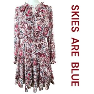 SKIES ARE BLUE Mini Dress, Long Sheer Sleeves, Smocked Waist, Size S.